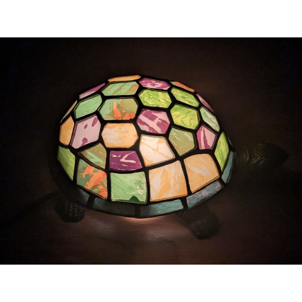 Vtg Stained Glass Tiffany Style Turtle Brass Accent Lamp Night Light Blue Green